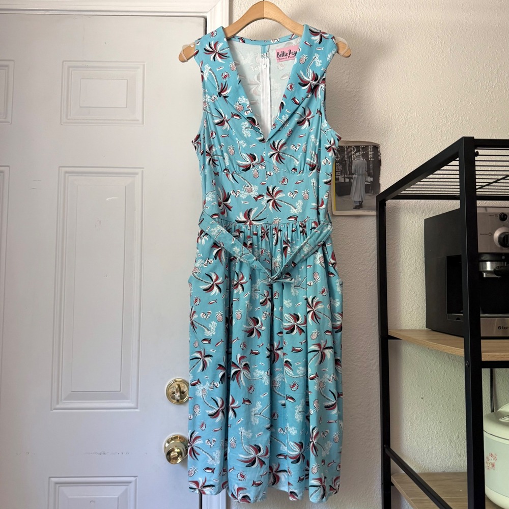 BETTIE PAGE blue sea tropical belted mod pinup retro sleeveless midi dress